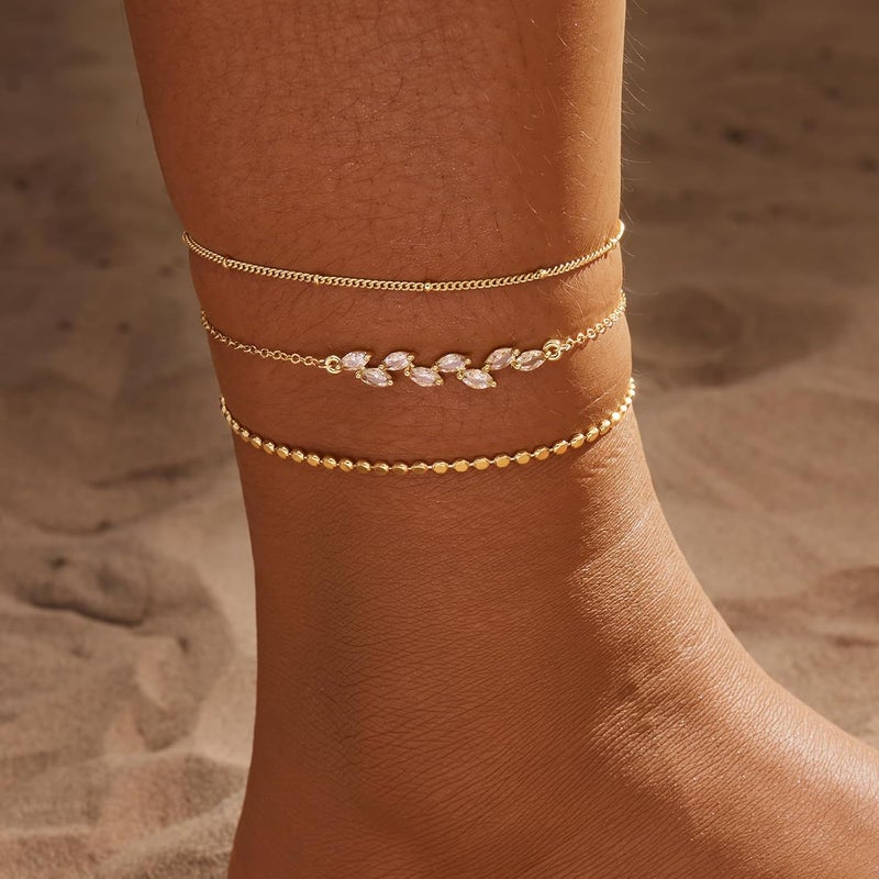 MIDEEO Gold/Silver Ankle Bracelets for Women,14K Gold Anklets for Women Waterproof Cuban Link Heart Beads Herringbone Rhinestone Anklets Set Layered Anklet Bracelets for Women Gold Jewelry Gift - Image 2